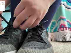 bare foot, putting on knee high socks, and nike shoes - glimpseofme