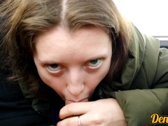 Video winter sex on a car with a blue-eyed beauty in a jacket, loves to do blowjob, cum on face and clothe