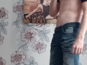 Preview 1 of Russian sports guy jerks off a huge cock in jeans and cums a lot