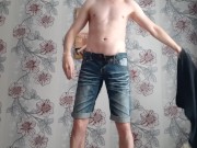 Preview 2 of Russian sports guy jerks off a huge cock in jeans and cums a lot