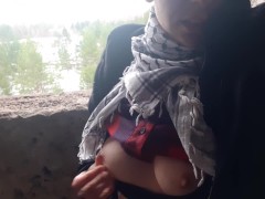 Girl strips in an abandoned building and plays with nipples