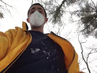 Masked uncut Maine boy cruising outside in the park