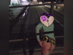 Shy sissy flashing on public bridge and around city