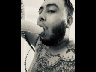 tattooed chub swallows dildo