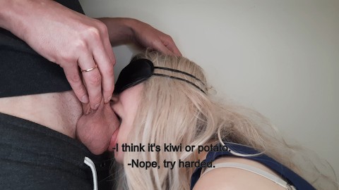 Blindfolded dumb friend's wife tricked into sucking my dick and swallowing cum with the taste game.