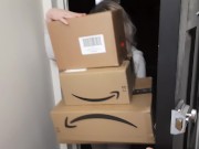 Preview 1 of Amazon delivery girl caught by surprise with nude jerking off guy, but she can't resist fucking him.