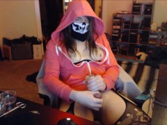 Hot Pink Skeleton Femboy Cums in Chastity