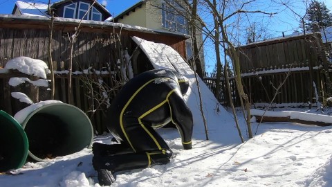 Inflatable Heavy Rubber Cyborg Suit in Snow at minus 10 degree
