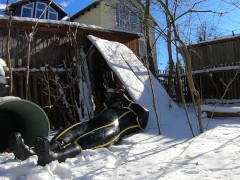 Inflatable Heavy Rubber Cyborg Suit in Snow at minus 10 degree