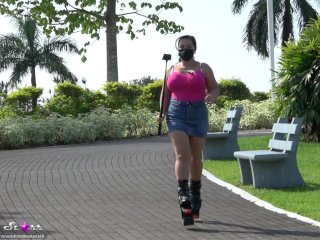 bouncing tits, big boobs, mini skirt, boots