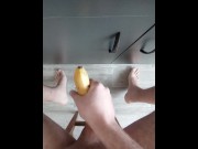 Preview 2 of Guy solo fucks banana and cums on the floor