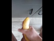 Preview 3 of Guy solo fucks banana and cums on the floor