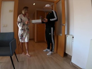 Spanish Pizza Guy gets Surprise BJ and fuck from tattooed blond girl