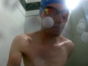 Preview 2 of Boy masturbates in the shower with swimsuit / speedo / cum