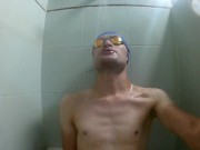 Preview 3 of Boy masturbates in the shower with swimsuit / speedo / cum