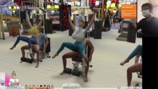 The Sims 4:6 people gym weightlifting machine training sex