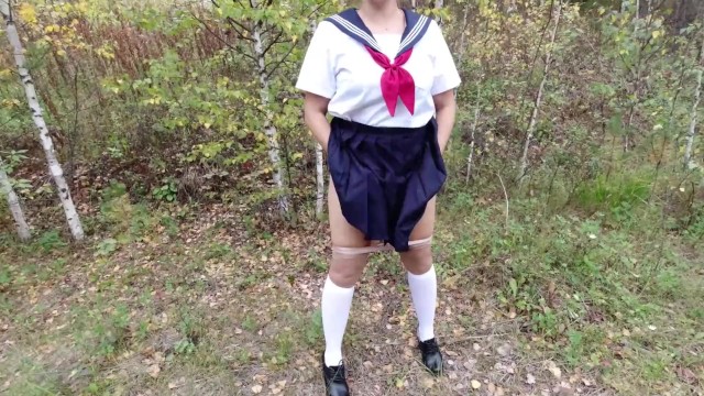 Sexy girl in school uniform white socks pissing outdoors pussy