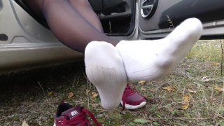 Foot Fetish Of A Sexy Girl In Stockings Showing Her Legs And Wearing Dress White Socks