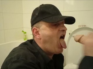 Guy Sucking a Suction Cup Dildo in the Toilet