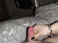 He cums an incredible amount even though he has such a small dick *black long nails helping hand*