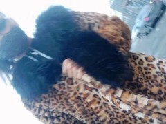 Asian Sissy Ladyboy Walking in the City in Leopard Coat