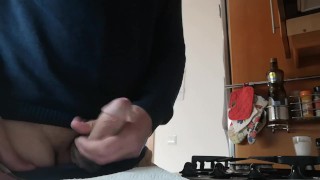Jerking off my cock in the kitchen