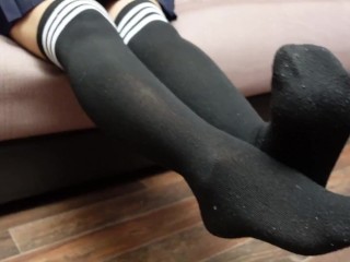 Sexy Écolière Robe Genou Chaussettes Blanches Black, Montrer Jambes Collants Bas Collants Fétichisme Des Pieds