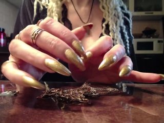 gold nails, long nails fetish, solo female, fetish