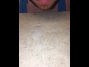 Secretly wearing my wifes Bikini turned me on so I jerked off a big Cum Shot and licked it all up