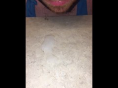 Secretly wearing my wifes Bikini turned me on so I jerked off a big Cum Shot and licked it all up