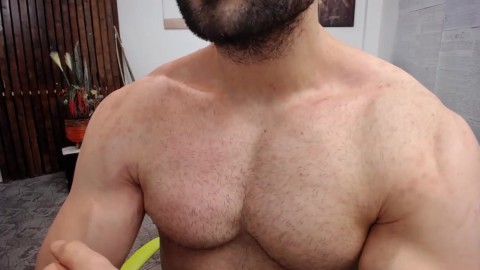 Flex muscle pumed Flexing my chest in your face while you suck my nipples