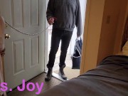 Preview 4 of I Shock the Delivery Man With a Leash, Flash My Tits and Let Him Finger My Pussy While I Masturbate