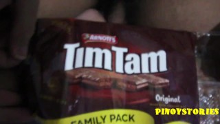 Swallowing Tim Tam While Kikay Pinay Holds Hands With Lovin69 Lubricant From Shopee
