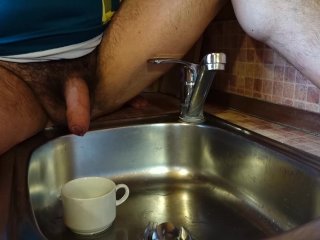 I need to pee but bathroom is busy, I will do in the kitchen!