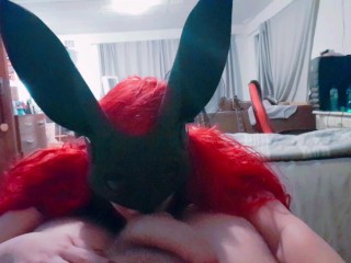 POV Quick Kinky Blowjob with Naughty Redhead Bunny Babe