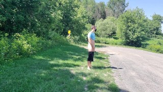 Naked trail walk and cumming in a field