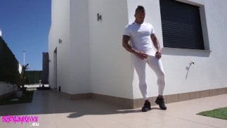 Public exhibitionist in white spandex