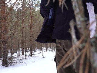 Public pissing in the winter forest with the snow