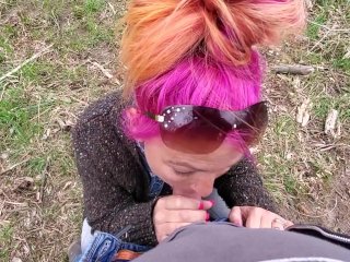 Sexy public outdoor blowjob by sexy milf wife who swallows all of the cum from big dick