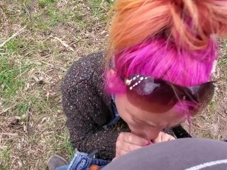 Sexy public outdoor blowjob by sexy milf wife who swallows allof the_cum from big dick