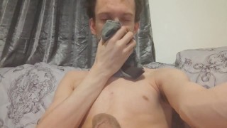 Taking off my boxers, stroking my big cock and sniffing boxers