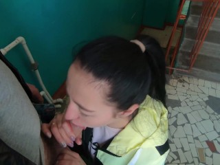 Risky blowjob on the public stairs A lot of cum in_my mouth and I had_to swallow everything