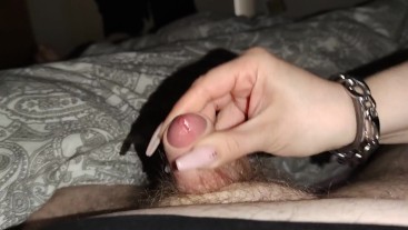 I gave His small cock a helping hand Handjob with my Long nails *huge cumshot*