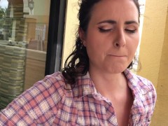 Making her cum her publicly with remote vibrator under the table