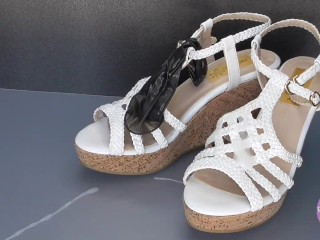 Shoe Fetishism Ejaculate on the Soles of White Sandal Cork Shoes