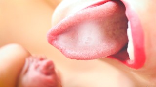 缓慢的深感性口交以舌头和喉咙下的精液结束 ASMR 特写