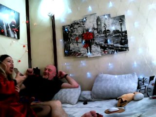 In bed with a mature_russian slutty bitch, sucking two dicks,close-up sex