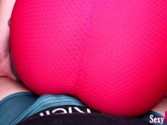 Hot Lap dance in Tight red Yoga pants ends with Cumshot onto Ass