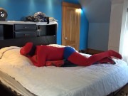 Preview 1 of red zentai in blue sheathed cock cums on dummy spiderman