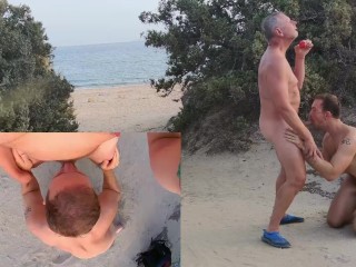 成熟したパパの男の子は公共のビーチで吸うと兼(2ビュー)-古い